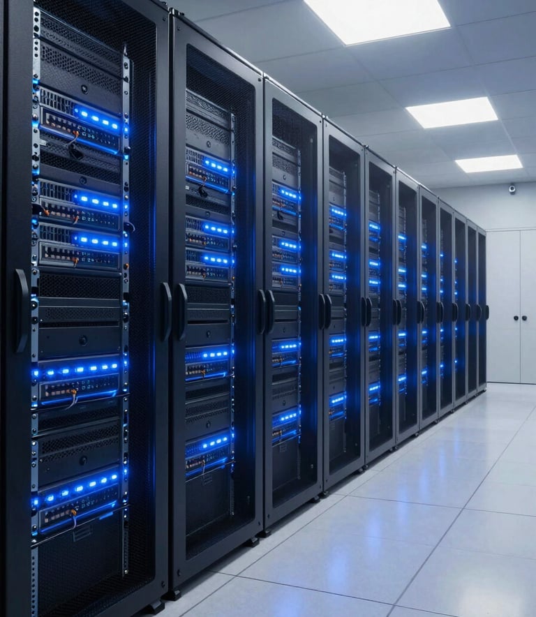 A clean, wide-angle photograph of a modern North American data center aisle with glowing blue lights on server racks, representing high-end security and networking infrastructure. The atmosphere is professional, sleek, and futuristic, with reflective flooring.