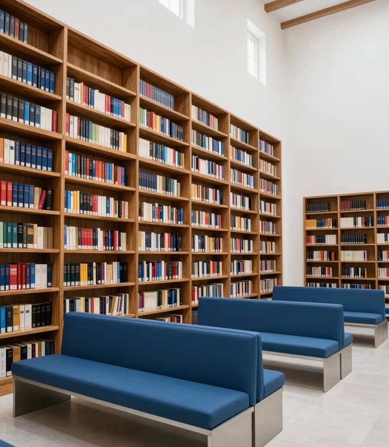 A wide interior shot of the House of Wisdom library in Pirok, featuring clean wooden shelves holding 6,000 books. The space is modern and bright with pale arctic white walls and steel blue seating areas.