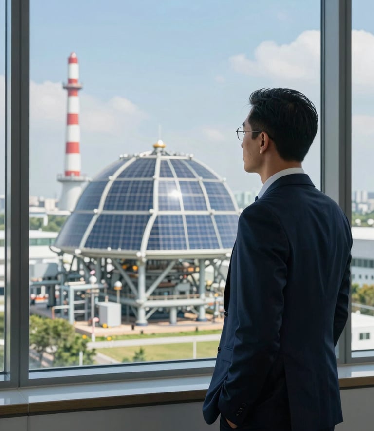 A professional in a modern International / Global office looking through a window at an energy facility, emphasizing strategic vision and planning, with a palette of deep navy and steel blue.