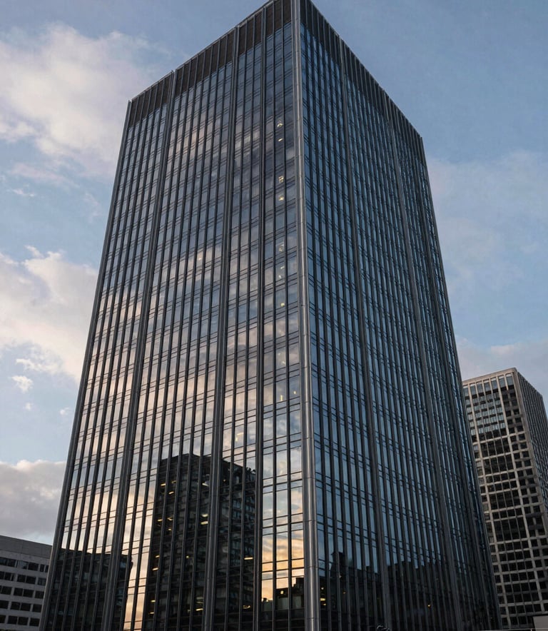 A wide-angle shot of a modern glass high-rise headquarters in a International / Global financial district during twilight, with deep navy and soft cloud white lighting reflecting on the sleek exterior.