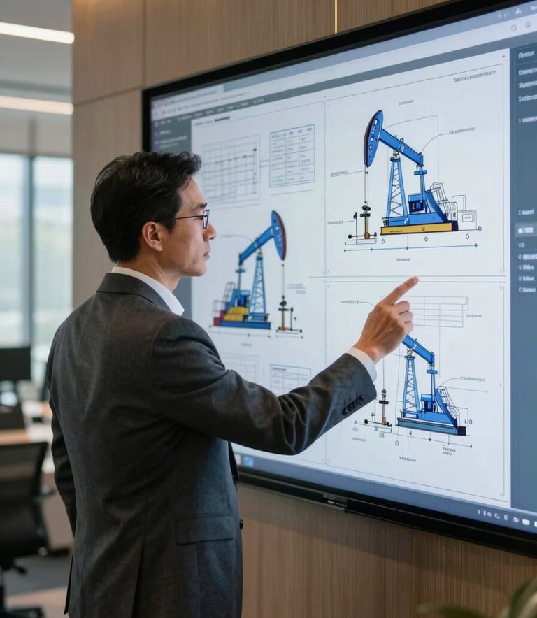 A professional consultant in a International / Global office setting, wearing a tailored charcoal suit, reviewing complex technical petroleum blueprints on a large digital screen with steel blue and muted gold accents in the decor.
