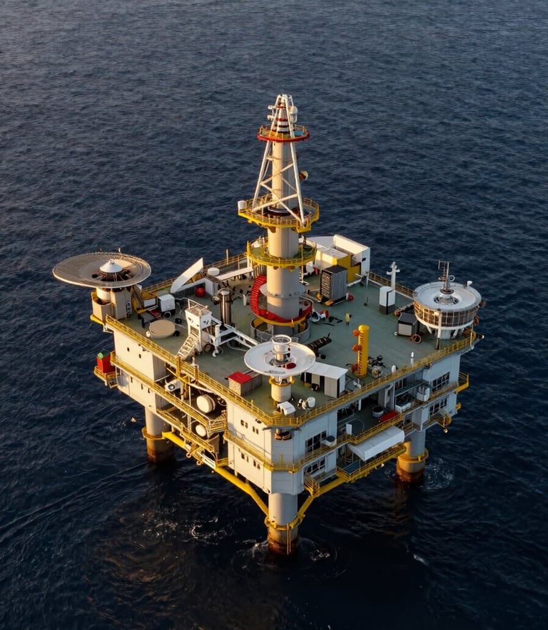 An aerial view of a clean, modern offshore energy platform at sea during golden hour, deep navy water contrasting with soft gold sunlight, representing high-value infrastructure.