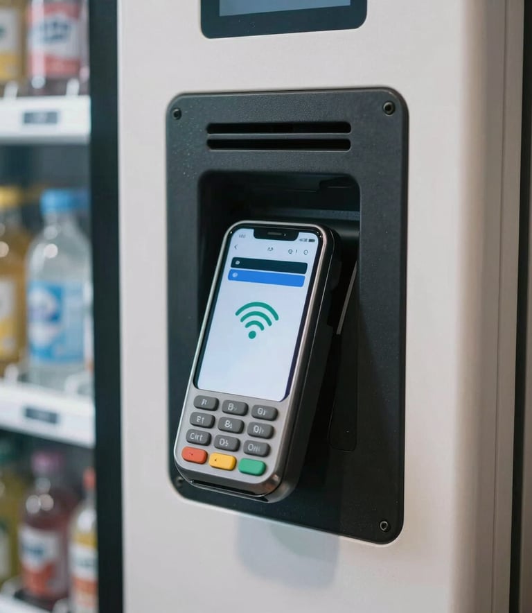Close-up of a modern vending machine interface showing a credit card reader and mobile payment contactless symbol, set in a North American business environment, sharp focus, clean and professional.