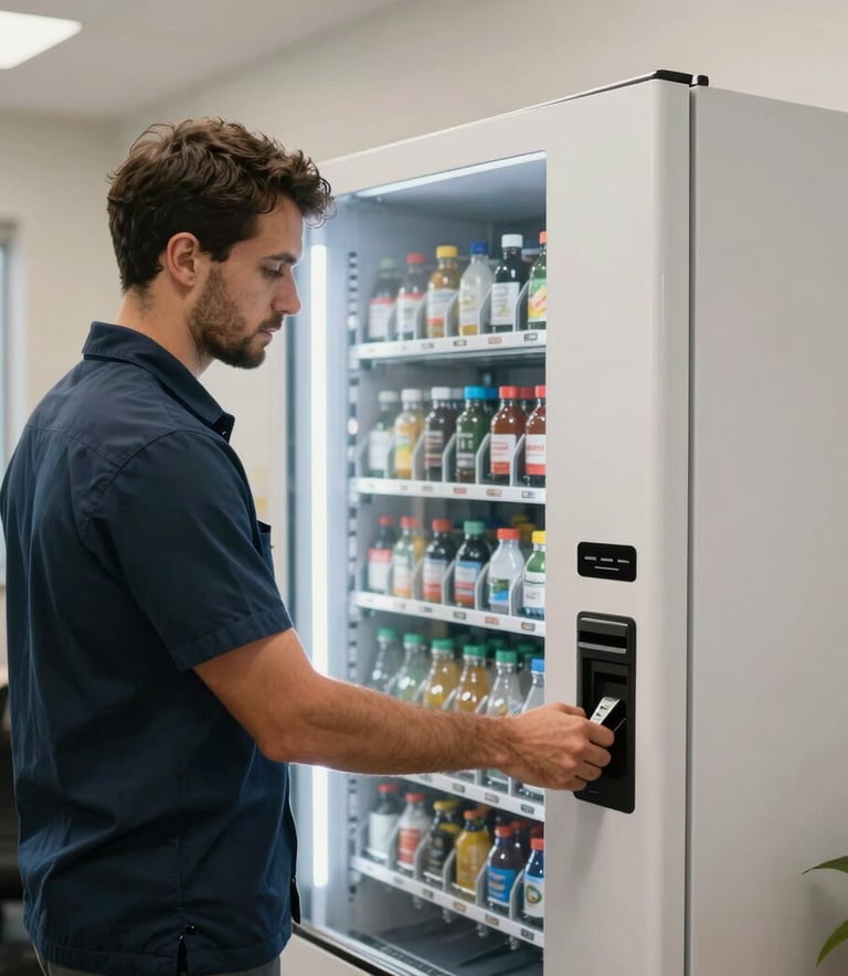 A professional technician in a clean uniform restocking a modern vending machine in a bright North American office breakroom, professional and reliable service atmosphere, natural lighting.