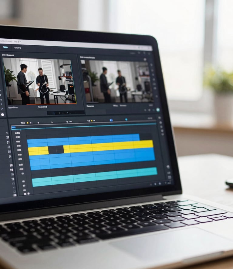 A close-up shot of a modern laptop screen displaying a professional video editing timeline with bright blue and yellow highlights, set in a bright North American home office with soft natural light.