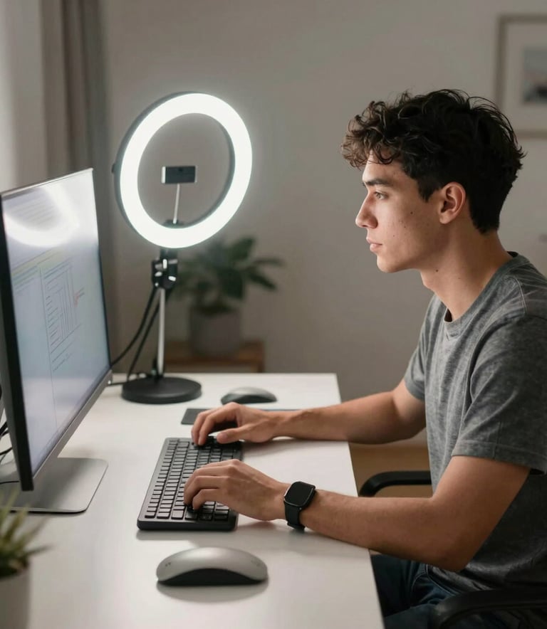 A side view of a focused creator working at a clean, white desk with a large monitor and ring light, located in a contemporary North American apartment.