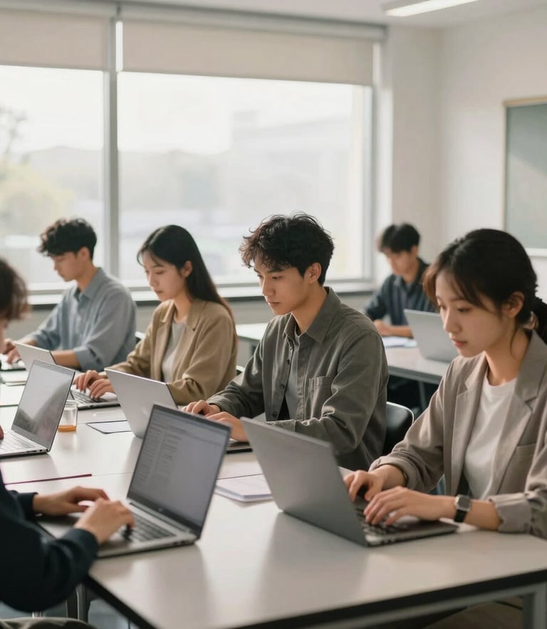 A bright, modern North American classroom setting where focused adults are working on high-end laptops, warm morning light through windows, professional educational atmosphere with steel gray and off-white tones.
