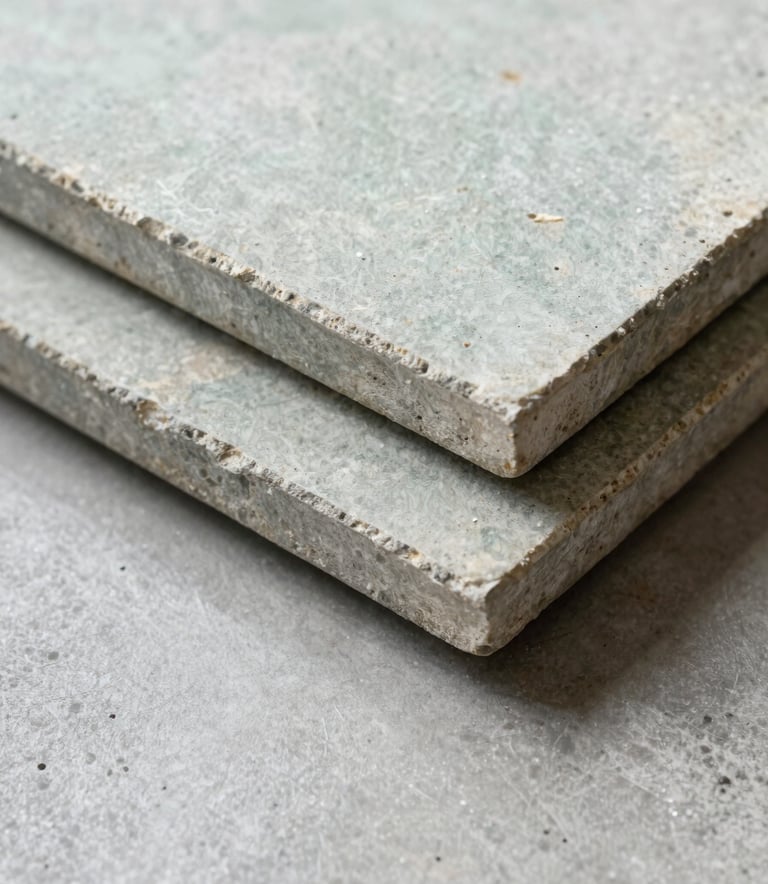 A close-up photograph of high-quality construction materials, featuring pale grey-green stone slabs and polished concrete. The lighting is bright and natural, highlighting the textures and precise edges in a minimalist, professional style.