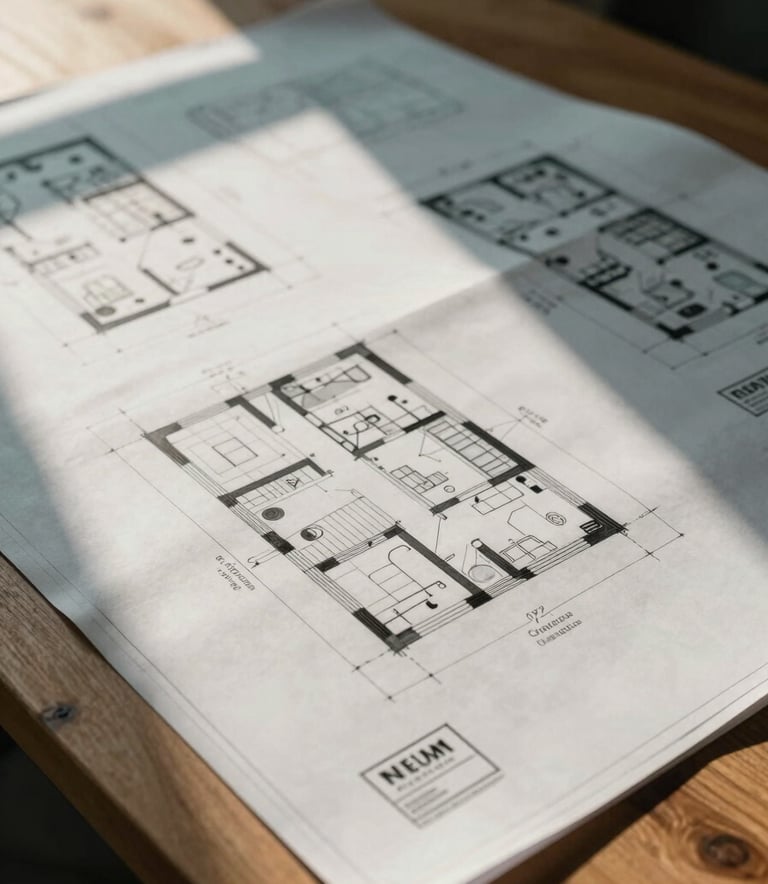 Professional architectural blueprints spread across a wooden table, illuminated by natural morning light, featuring muted teal and off-white color tones.