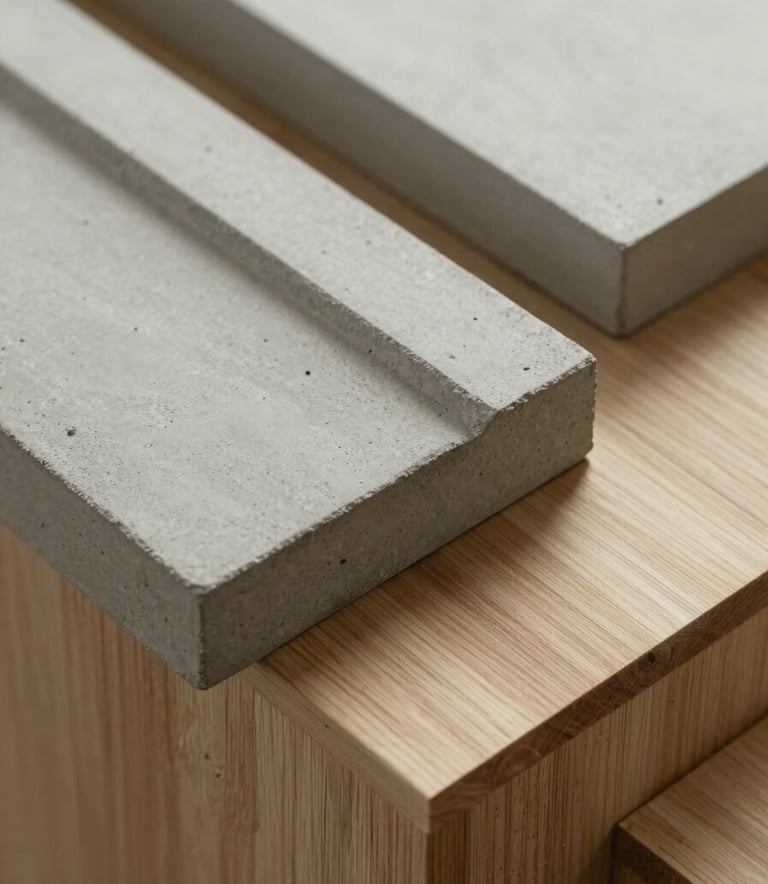 A close-up photograph of high-quality architectural materials, featuring smooth concrete and natural wood textures with soft sage and pale ash lighting, representing modern construction quality.