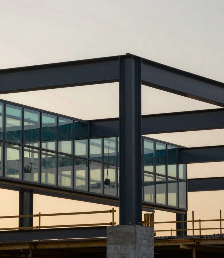 A modern construction site during the golden hour. Steel beams and concrete foundations are visible against a soft ash sky. Touches of deep slate and muted teal are reflected on structural glass surfaces.