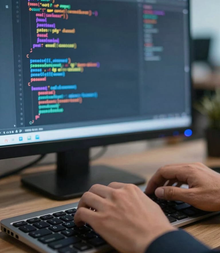 A close-up shot of professional hands typing on a sleek keyboard in a modern Latin American / Spanish office. On the screen, colorful code is visible, illuminated by a Soft Blue light, representing expert web development.