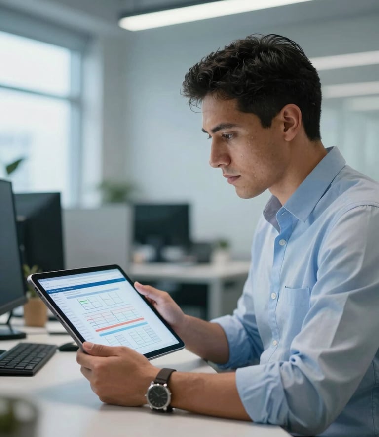 A focused professional in a modern Latin American / Spanish office looking at a tablet displaying clean data structures and server metrics. The lighting is bright and professional with accents of Soft Blue and Steel Blue in the environment.