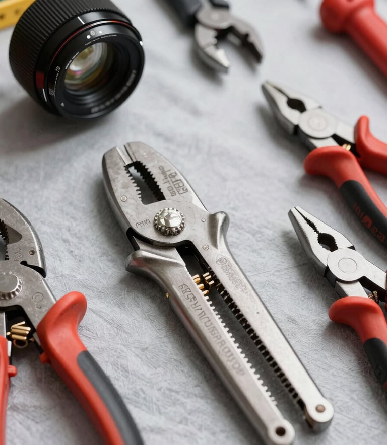 Close-up of professional plumbing tools like a pipe cutter and pliers laid out neatly on a light gray cloth, North American / US style toolkit, clean and organized composition.