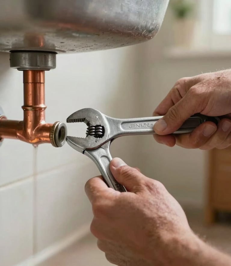 A professional plumber's hands using a wrench on a copper pipe under a sink, North American / US residential setting, crisp details, natural daylight, soft bokeh background.