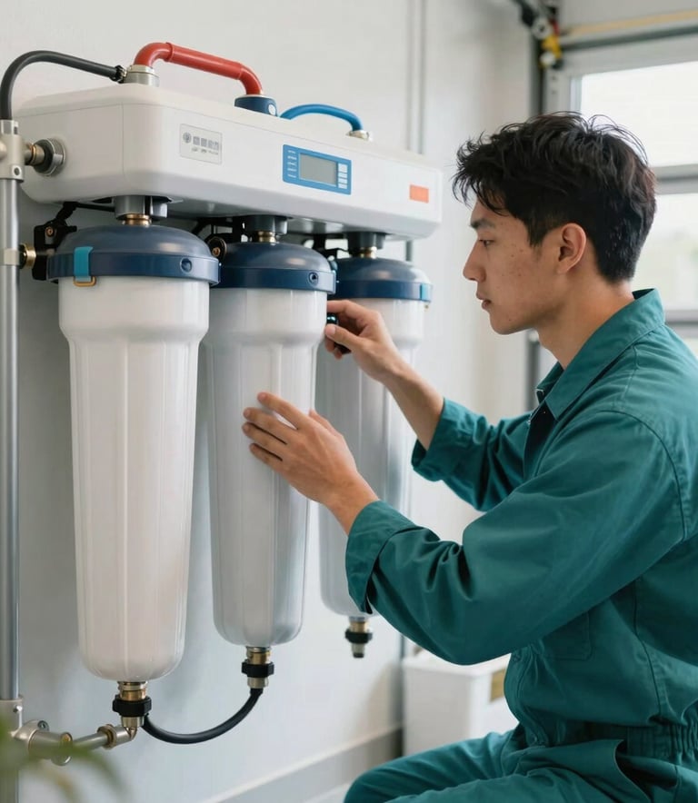 A professional plumbing technician wearing a teal uniform, inspecting a modern water filtration system in a clean, bright North American garage setting. Soft natural lighting, professional photography style.