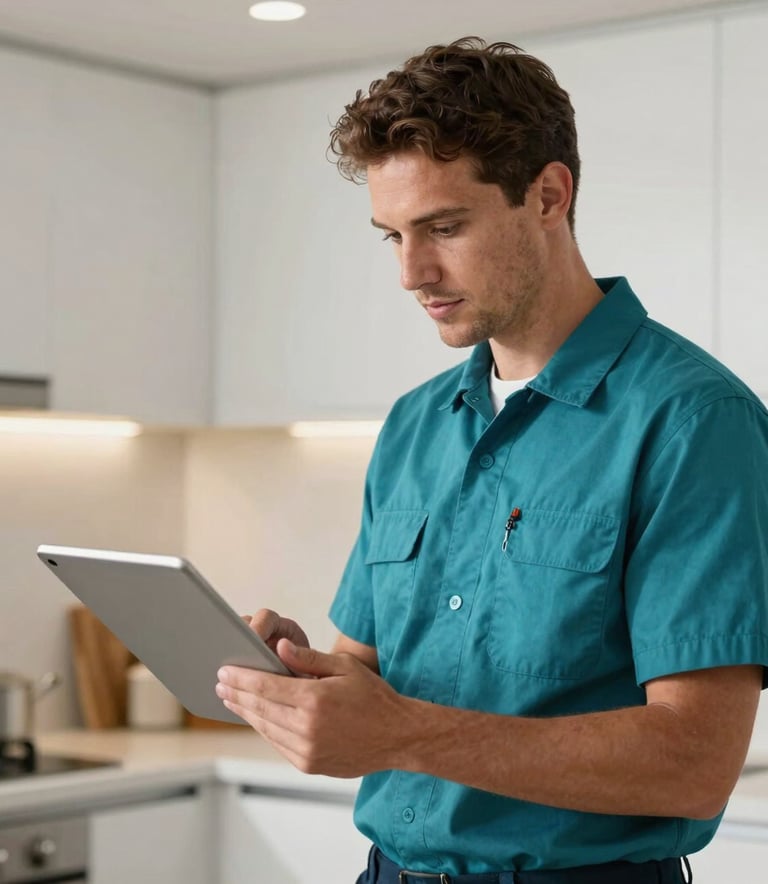 A professional North American plumber in a clean teal uniform looking at a digital tablet while standing in a modern, bright kitchen. High-quality commercial photography style.