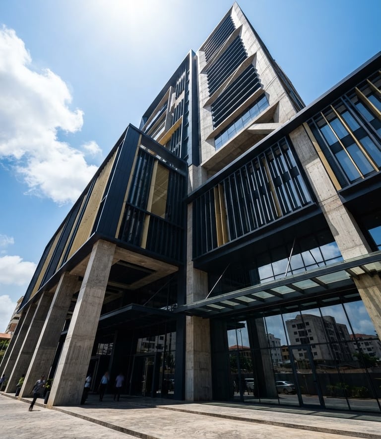 Low-angle architectural shot of a modern concrete and steel commercial office building in Accra, sharp midday sun, deep shadows.