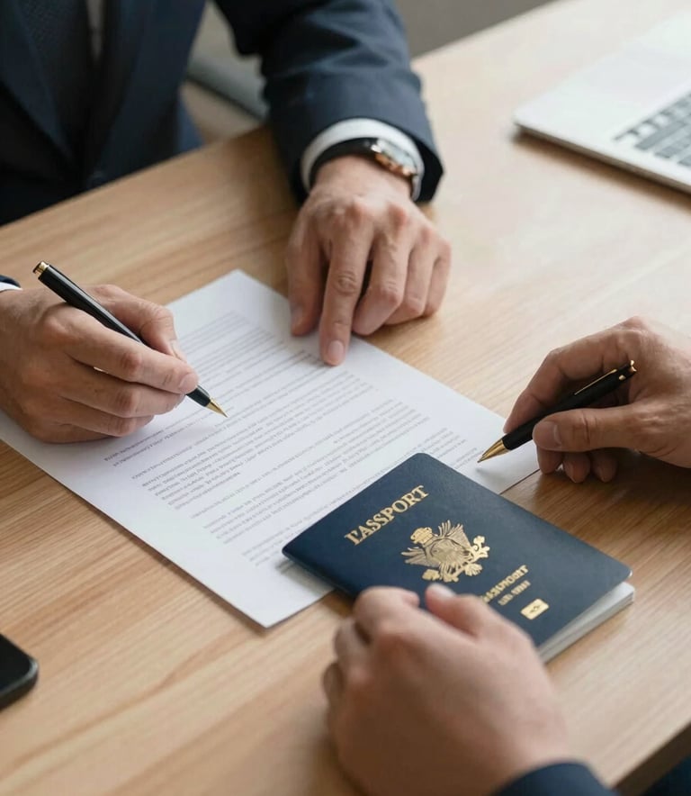 A close-up shot of professional hands reviewing legal documents and a passport on a minimalist wooden desk, North American / International Business context, professional and focused atmosphere.