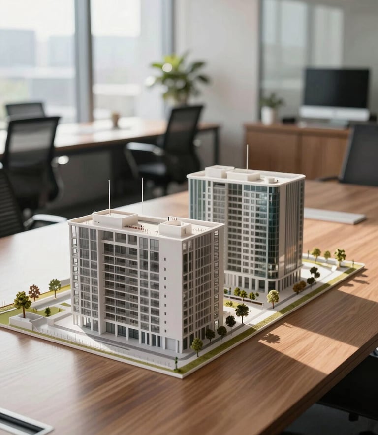 A detailed architectural model of a modern development project resting on a polished boardroom table in a sunlit office, North American / International Business style, sharp focus, clean composition.