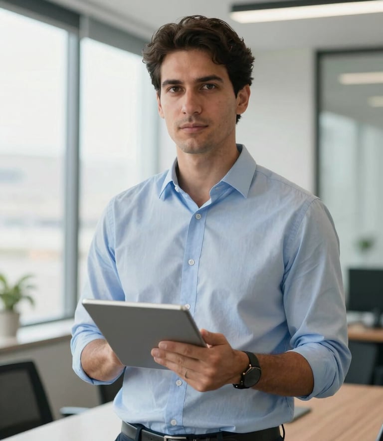 A professional South American / Brazilian logistics manager in a light blue button-down shirt holding a tablet, standing in a modern clean office with large windows. The lighting is bright and natural, reflecting a serious and reliable business atmosphere.