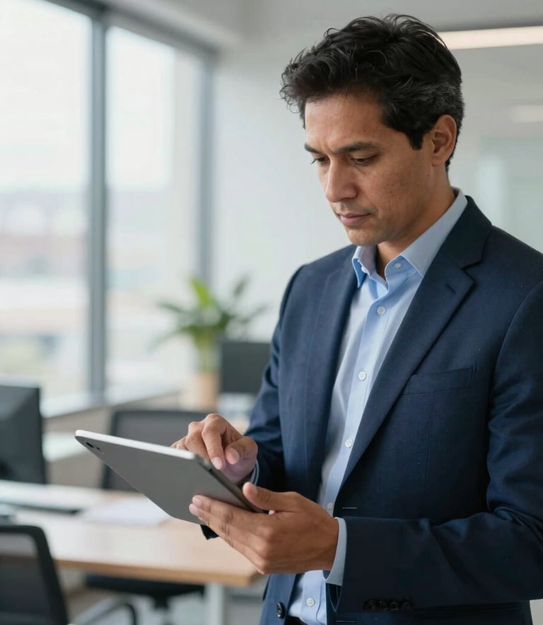 A professional South American logistics manager in a bright modern office using a digital tablet to track a transport route, soft daylight, professional atmosphere, navy blue and light blue accents.