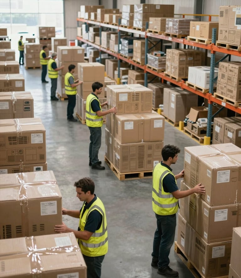 High-angle view of a clean, organized logistics warehouse in South America with professional workers in safety vests moving cargo, bright and modern lighting.