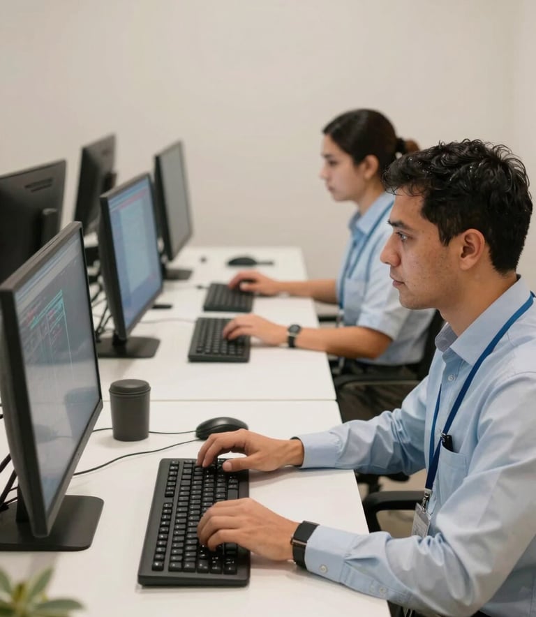 Professional South American / Brazilian tele-attendance center with staff working on computers, clean modern desk layout, soft off-white lighting, reflecting efficiency and technical expertise.