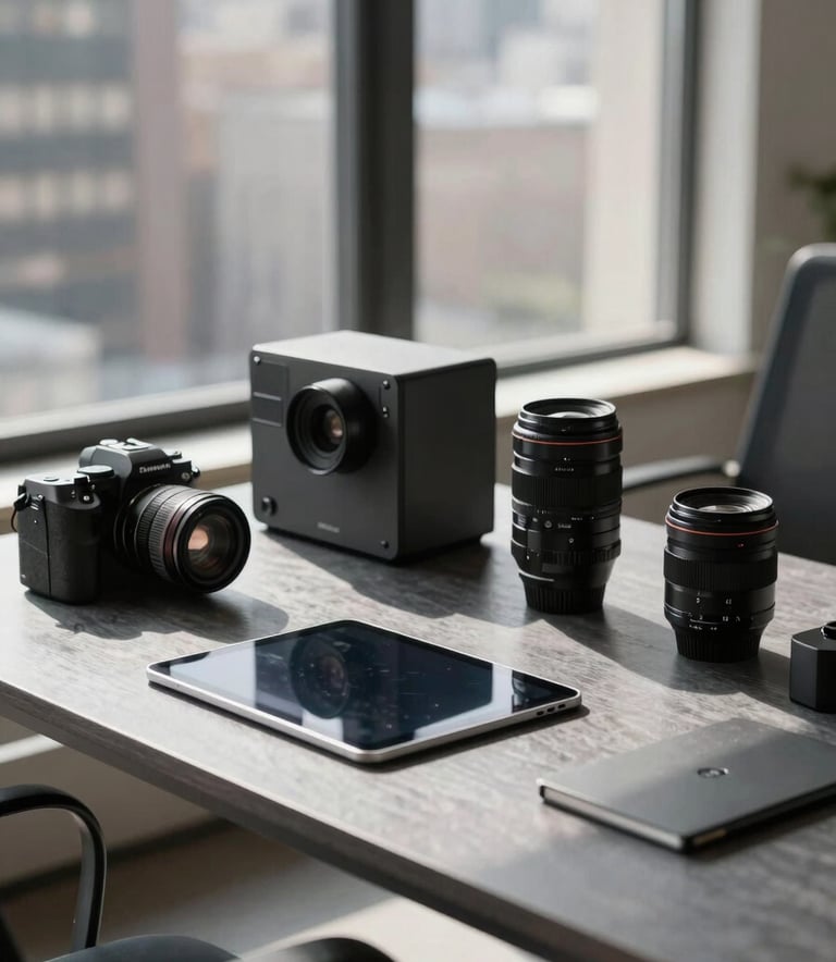 A professional creative workspace in a US city. A sleek desk features high-end design equipment and a tablet. Natural sunlight streams through a large window, highlighting a sophisticated atmosphere with slate gray tones.