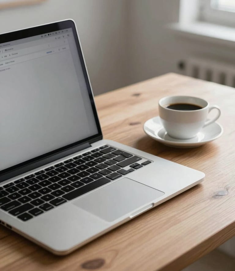 A close-up of a sophisticated workspace in a North American home office. A clean wooden desk holds a modern laptop and a cup of coffee. The setting is results-driven and professional with soft morning light in slate gray and white tones.