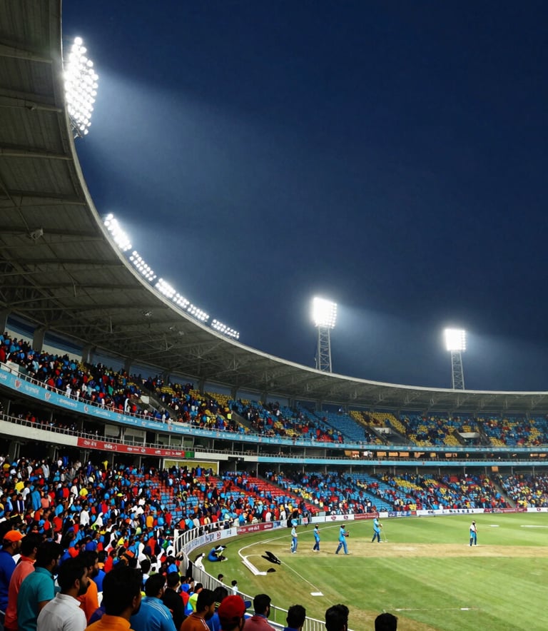 A wide-angle photography shot of a high-energy cricket stadium in India during a night match. The stands are filled with South Asian / Indian fans in colorful attire, illuminated by bright white floodlights. The sky is a deep navy blue, creating a high-contrast and exciting atmosphere.