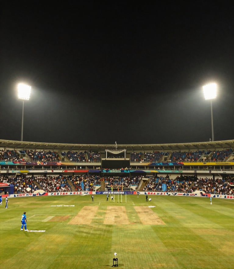 A wide landscape shot of a packed cricket stadium in India at night, vibrant atmosphere with massive floodlights creating a high-energy glow against a dark sky, amber and dark navy color tones.
