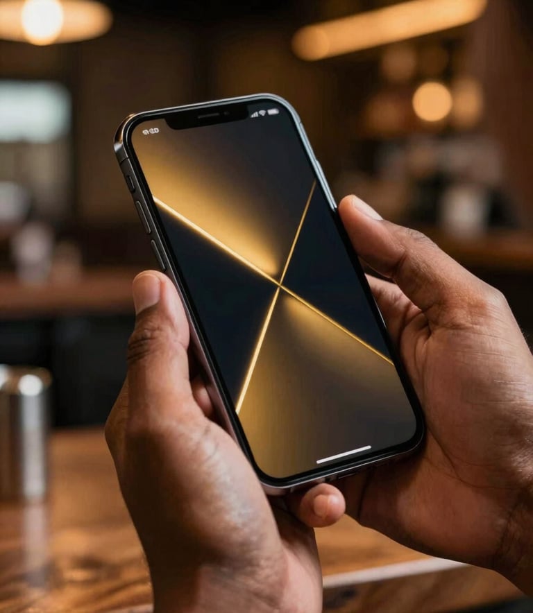 A close-up photograph of a person's hands holding a modern smartphone in a South Asian / Indian setting, the screen displaying a sleek dark-themed interface with vibrant gold accents. The background is softly blurred with warm lighting from a modern sports bar.