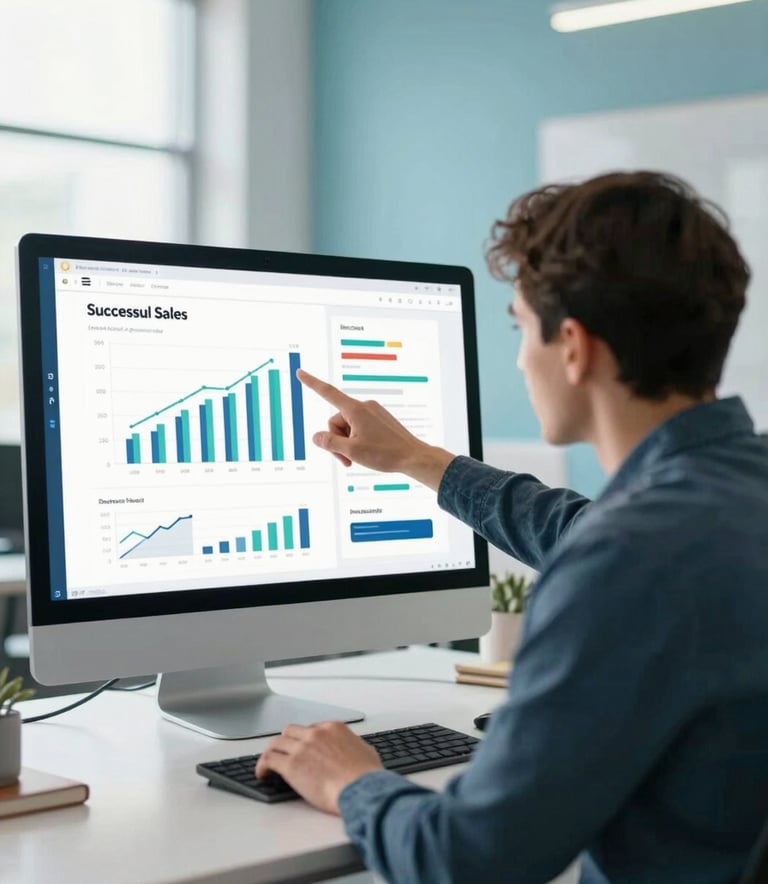 A motivated professional pointing at a large monitor displaying successful sales charts and vibrant digital UI designs. The setting is a modern, sunlit office with #ECF3F6 walls and #0A1C2C decor accents, conveying achievement and growth.