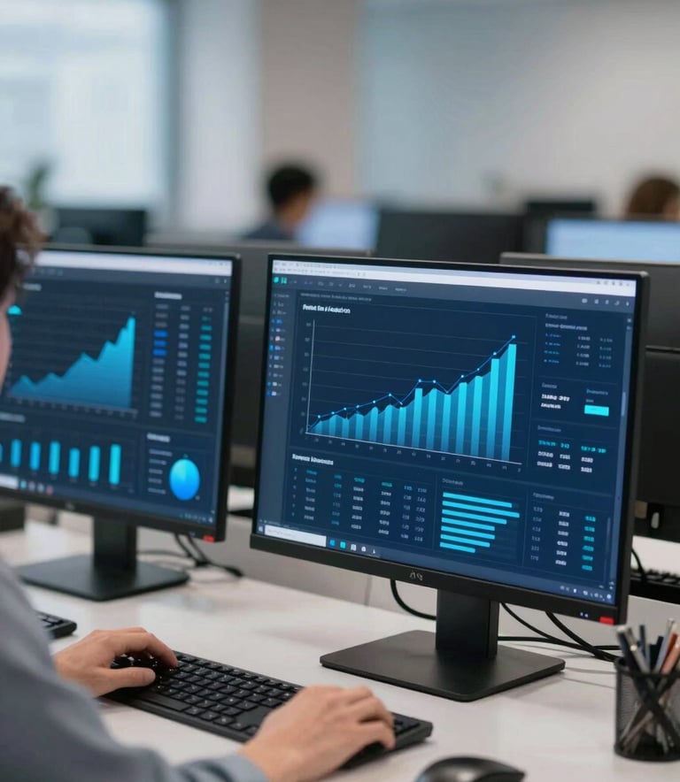 Dynamic workspace focusing on high-tech devices displaying business growth data. Lighting is sleek and professional with #2E4E6A and #8BB6CA blue tones, suggesting innovation and digital speed.