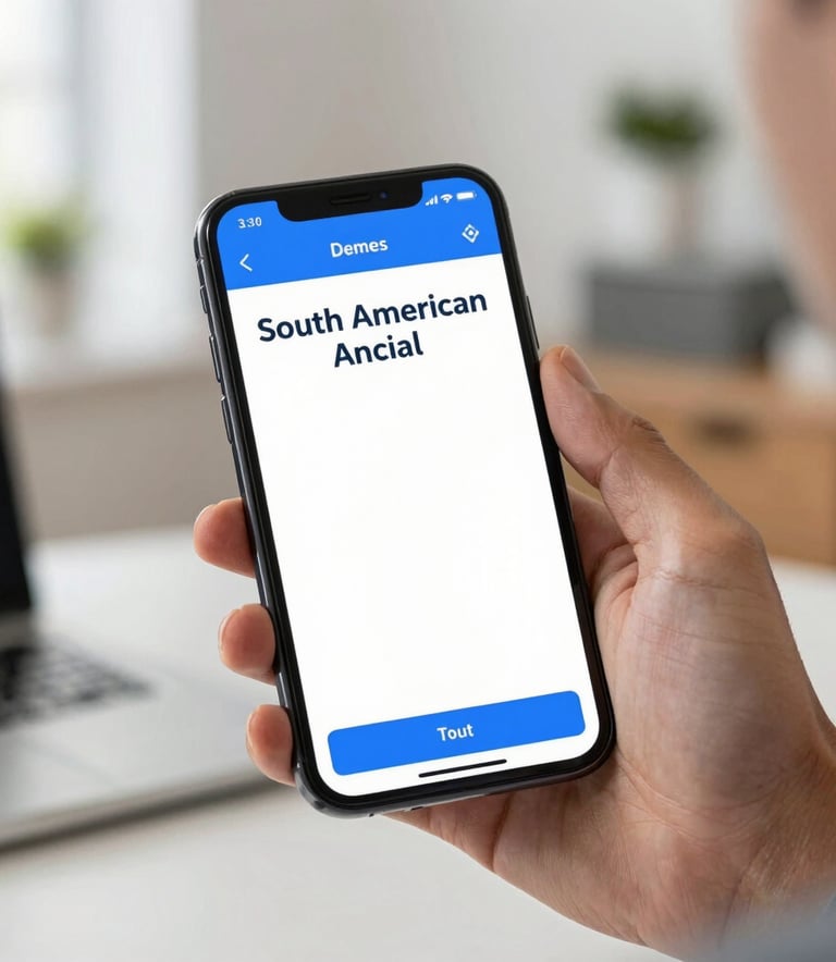 Photography of a close-up smartphone showing a clean medical application interface with blue accents, held by a person in a bright and modern South American home office, soft natural lighting.