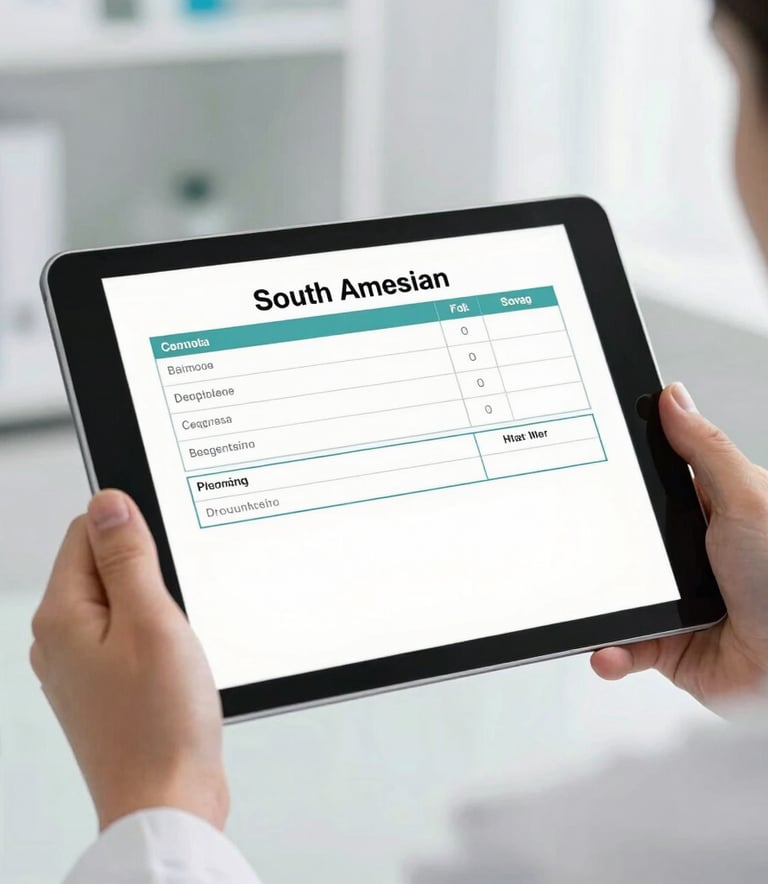 Close-up of a digital medical prescription displayed on a sleek tablet screen held by professional hands. Clean, modern, bright lighting in a South American medical office.
