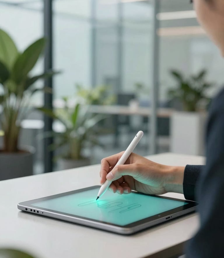 A professional in a bright, modern glass office using a stylus on a sleek tablet. A digital signature line is illuminated in soft #84B1A8 teal. The background features lush indoor greenery, symbolizing a paperless, sustainable corporate environment.