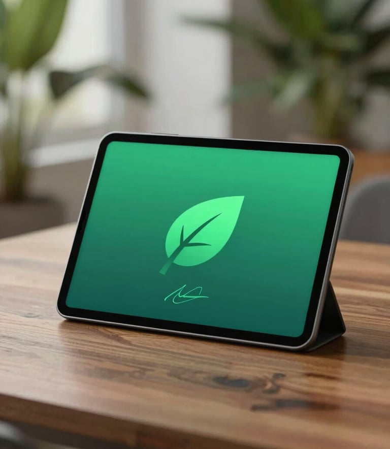A sleek digital tablet displaying a glowing green leaf logo and a stylized signature, resting on a polished wooden table with lush greenery in the soft-focus background. Sophisticated lighting, incorporating #3F7065 and #F0F7F6 tones.