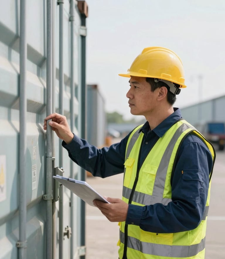 A focused professional in high-visibility safety gear inspecting a cargo container in a clean North American industrial site, bright daylight, professional atmosphere.