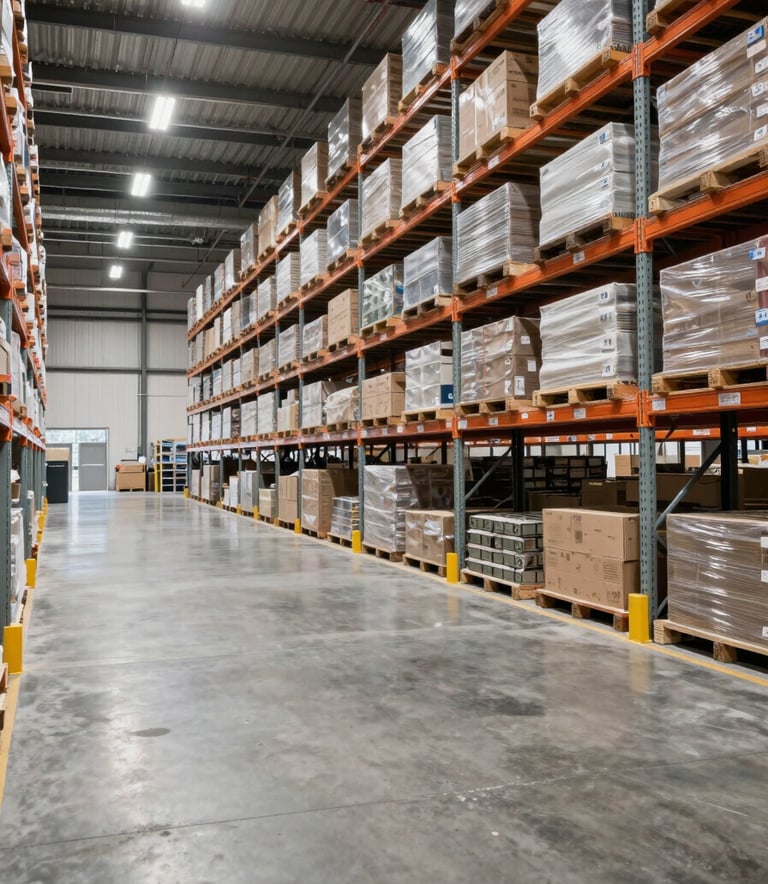 A vast, modern North American warehouse interior with organized high-bay shelving and clean concrete floors, bright professional lighting.