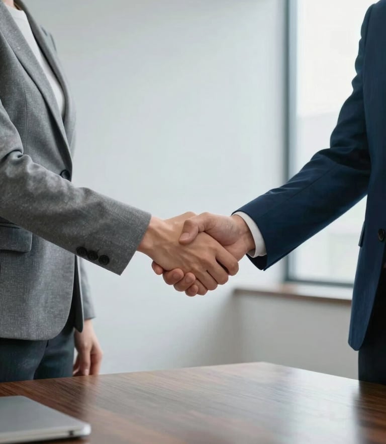 Two people shaking hands over a polished dark wood desk in a bright office, conveying trust and professionalism, with sky grey and steel blue professional attire.