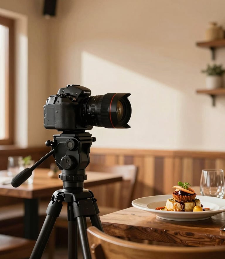 Professional food photography setup in a South American restaurant, a camera on a tripod capturing a gourmet artisanal dish, natural afternoon light, warm wood textures and cream walls, high-end commercial style.