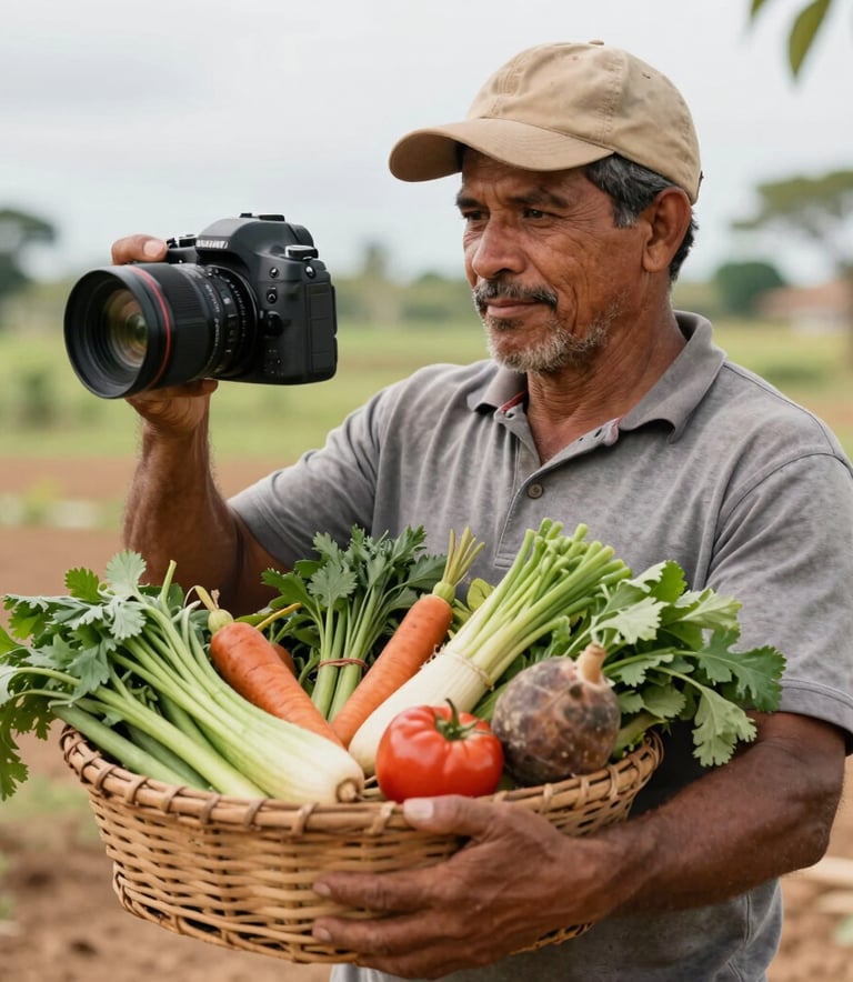 A Brazilian local farmer showing a basket of fresh organic produce to a digital camera, bright natural lighting, authentic rural setting.