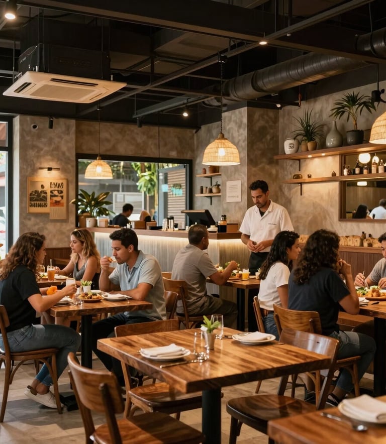 A modern artisanal restaurant interior in Brazil with warm lighting, customers enjoying food at wooden tables, and a professional yet relaxed atmosphere, photography.
