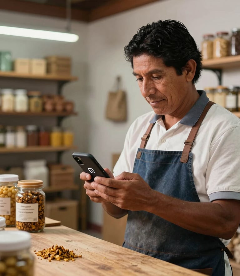 A South American local producer in a clean, modern workshop checking their Instagram profile on a smartphone, surrounded by artisanal food products, warm and professional lighting.
