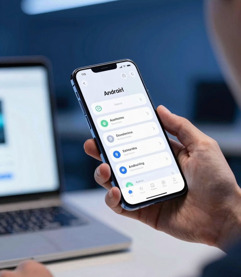 A close-up photograph of a professional in a modern Global / Tech Industry workspace, hands holding a sleek Android phone displaying a clean user interface. The background is softly blurred with deep sky blue and dark navy blue accents, conveying innovation and reliability.