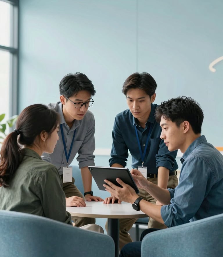 A bright and airy photograph of developers collaborating in a Global / Tech Industry tech hub. They are looking at a tablet screen together. The environment is modern with pale mist blue walls and soft muted blue furniture, symbolizing a user-friendly approach.
