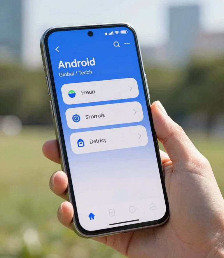Macro shot of a hand interacting with a sleek Android application in a Global / Tech Industry urban park. The screen shows a steel blue and soft white UI design, captured in natural sunlight with a modern aesthetic.