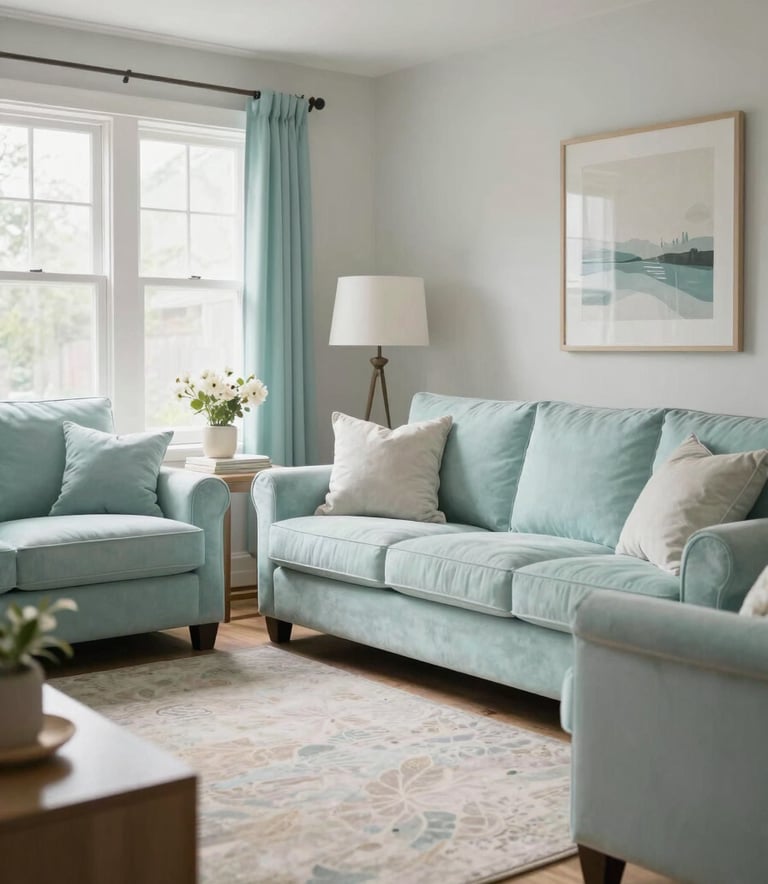 A bright and airy North American living room with soft lighting, featuring furniture in shades of soft aqua and off-white mist, creating a serene and welcoming atmosphere.